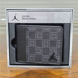 Nike Air Jordan Bifold Wallet Black Monogram Metallic Jumpman Leather Fabric New